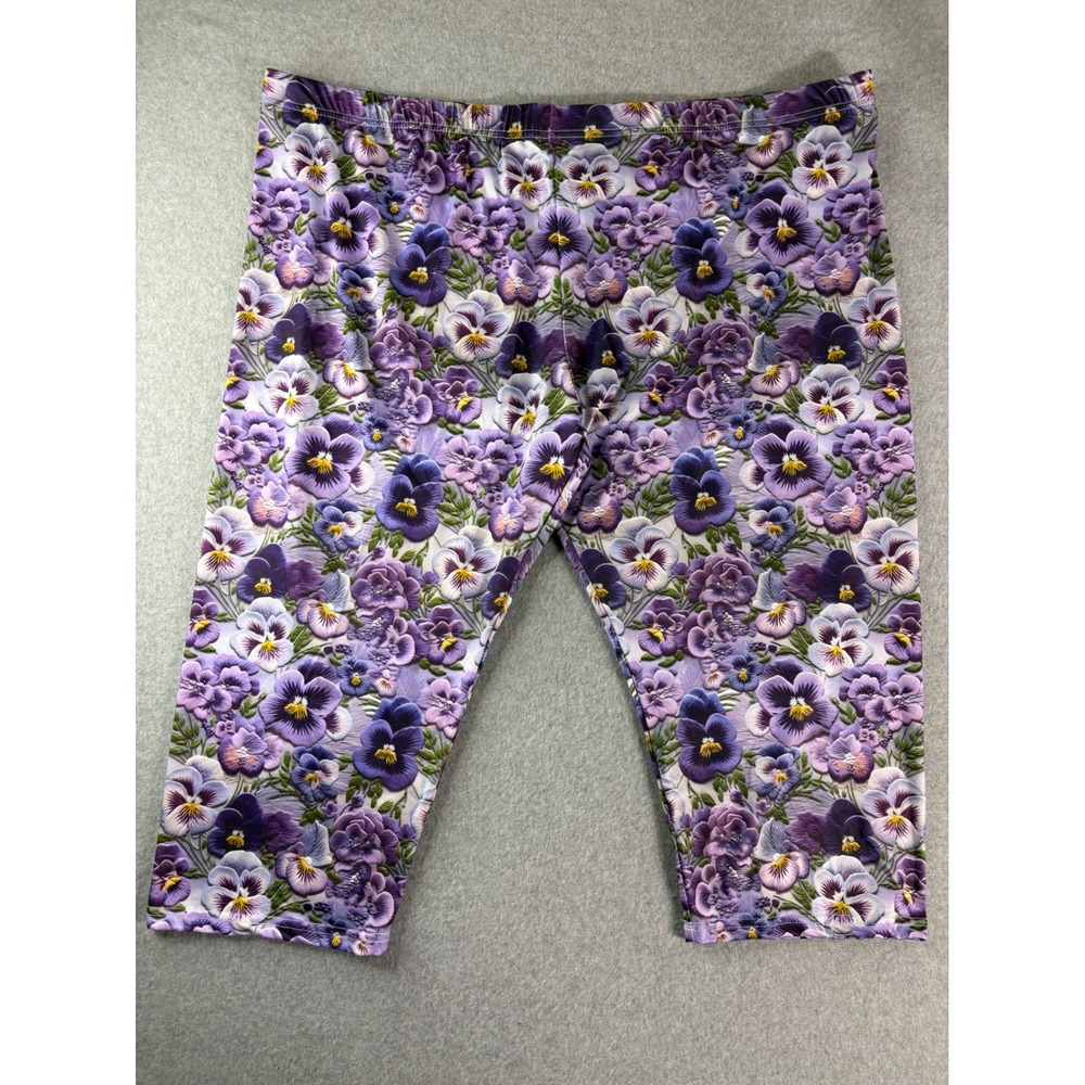 Purple Floral Pansy Print Cropped Leggings Plus Size 6XL Capri Pants Botanical